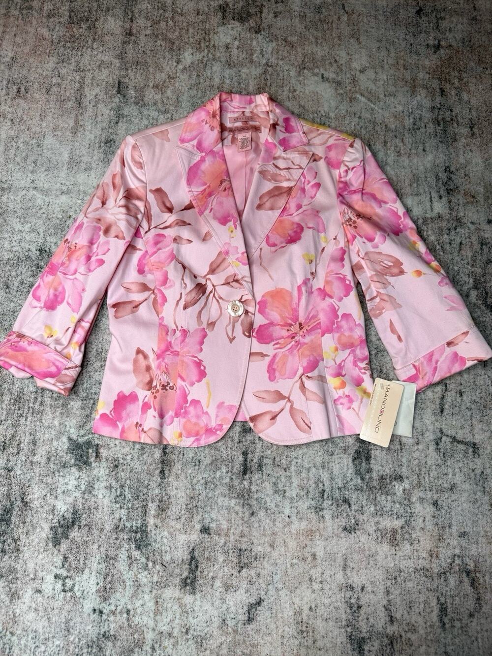 Bandolino Size 10 Floral Blazer Pink Stretch Cotton Spring Jacket Y2K Watercolor